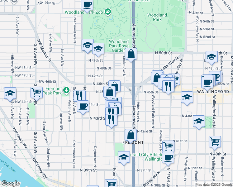 map of restaurants, bars, coffee shops, grocery stores, and more near 4453 Linden Avenue North in Seattle
