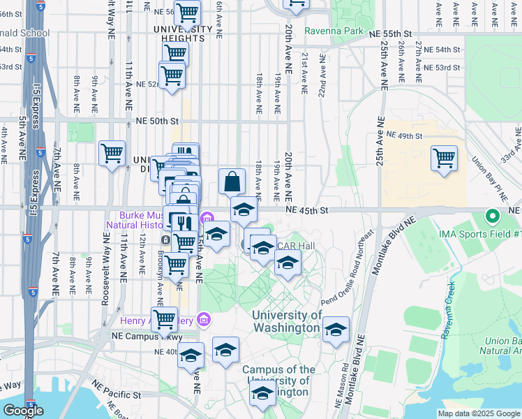 map of restaurants, bars, coffee shops, grocery stores, and more near 1815 Northeast 45th Street in Seattle