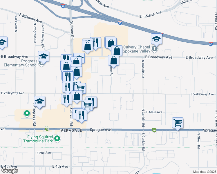 map of restaurants, bars, coffee shops, grocery stores, and more near 410 North Moore Road in Spokane Valley