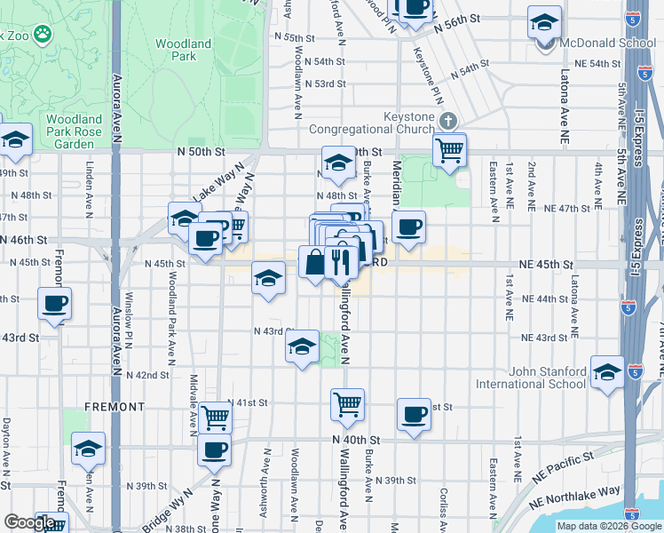 map of restaurants, bars, coffee shops, grocery stores, and more near 1707 North 45th Street in Seattle