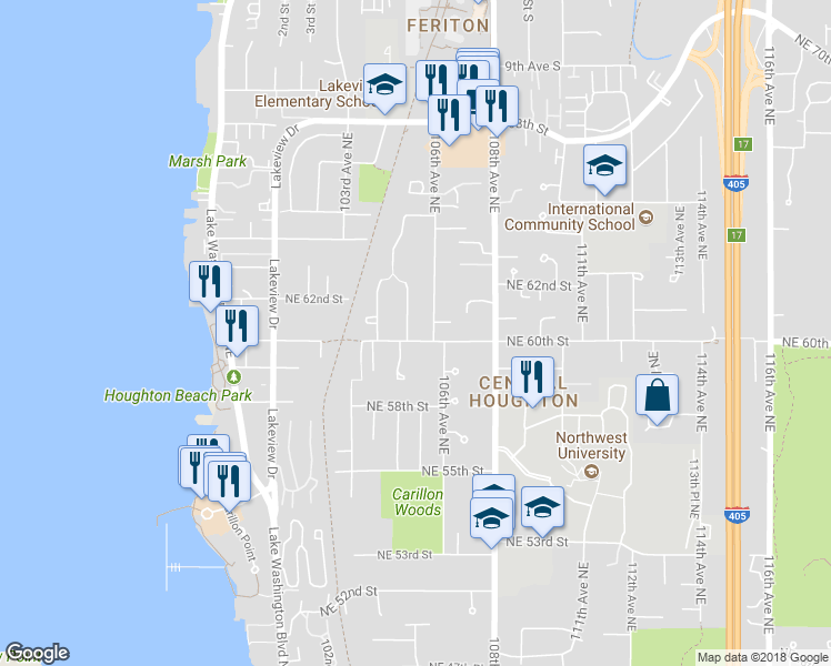 map of restaurants, bars, coffee shops, grocery stores, and more near 6006 105th Avenue Northeast in Kirkland