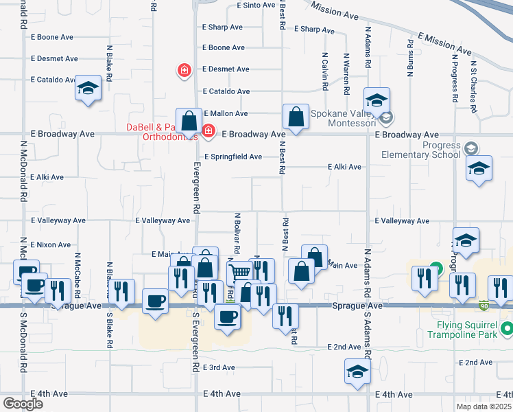 map of restaurants, bars, coffee shops, grocery stores, and more near 14114 East Valleyway Avenue in Spokane Valley