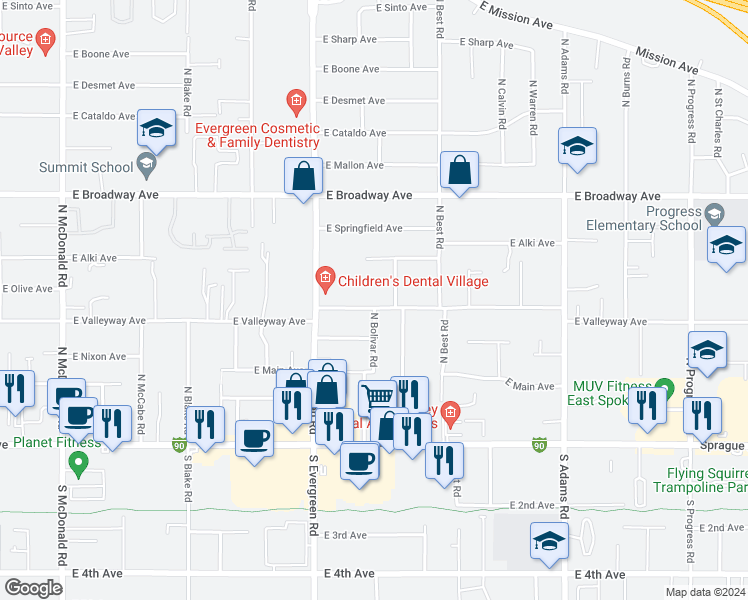 map of restaurants, bars, coffee shops, grocery stores, and more near 14023 East Valleyway Avenue in Spokane Valley