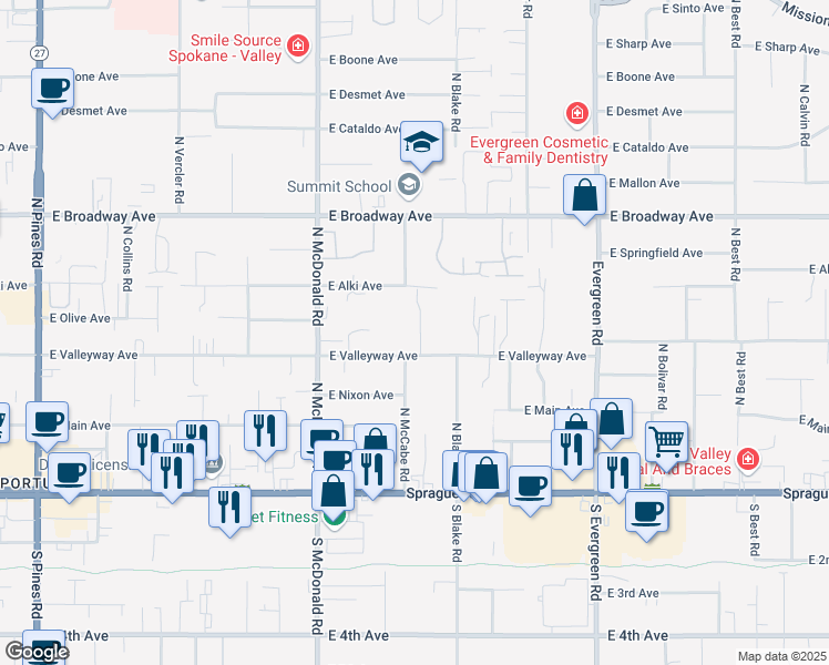 map of restaurants, bars, coffee shops, grocery stores, and more near 13325 East Valleyway Avenue in Spokane Valley