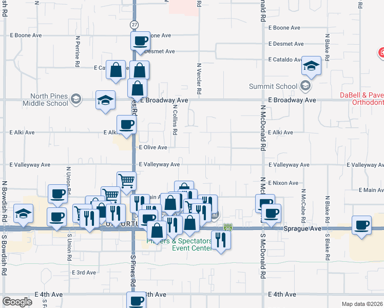 map of restaurants, bars, coffee shops, grocery stores, and more near 12605 East Valleyway Avenue in Spokane Valley