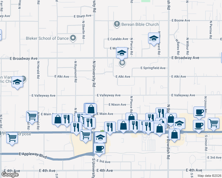 map of restaurants, bars, coffee shops, grocery stores, and more near 10811 East Valleyway Avenue in Spokane Valley