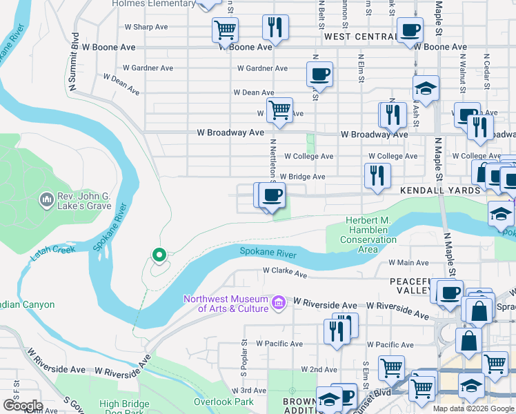 map of restaurants, bars, coffee shops, grocery stores, and more near 2405 West Centennial Place in Spokane
