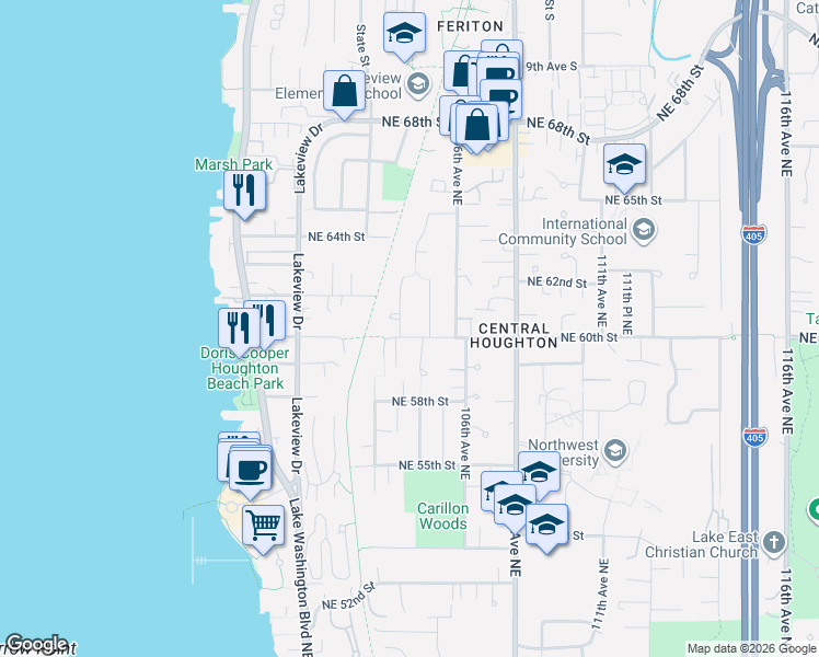 map of restaurants, bars, coffee shops, grocery stores, and more near 10423 Northeast 60th Street in Kirkland