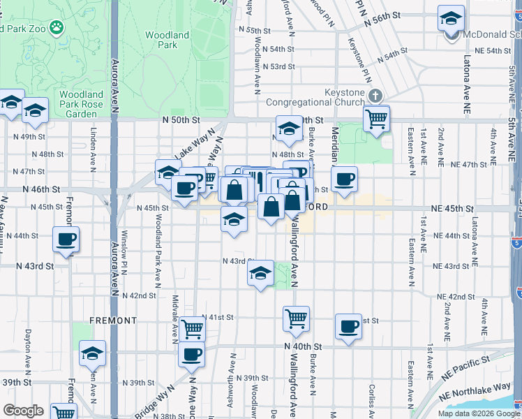 map of restaurants, bars, coffee shops, grocery stores, and more near 4422 Woodlawn Avenue North in Seattle