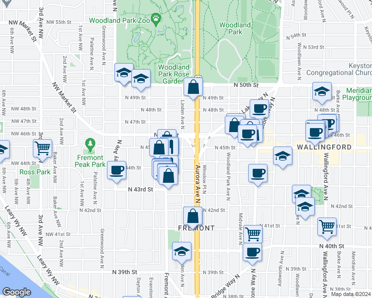 map of restaurants, bars, coffee shops, grocery stores, and more near 4453 Linden Avenue North in Seattle