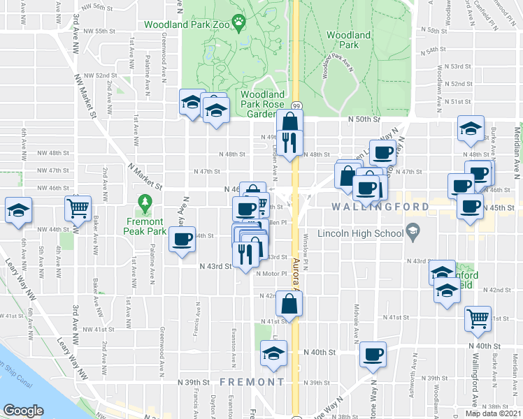 map of restaurants, bars, coffee shops, grocery stores, and more near 4453 Linden Avenue North in Seattle