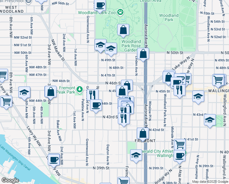 map of restaurants, bars, coffee shops, grocery stores, and more near 4426 Dayton Avenue North in Seattle