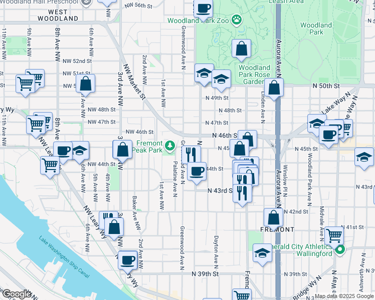 map of restaurants, bars, coffee shops, grocery stores, and more near 4420 Greenwood Avenue North in Seattle