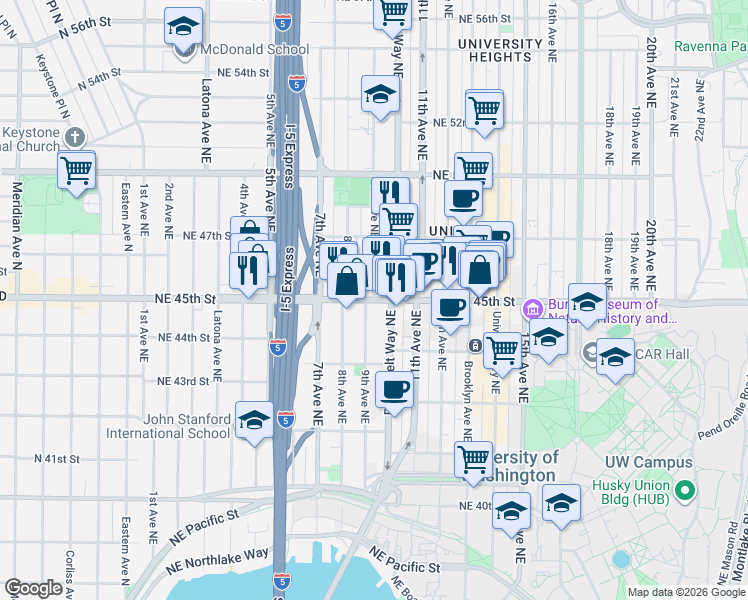 map of restaurants, bars, coffee shops, grocery stores, and more near NE 45th St & 9th Ave NE in Seattle