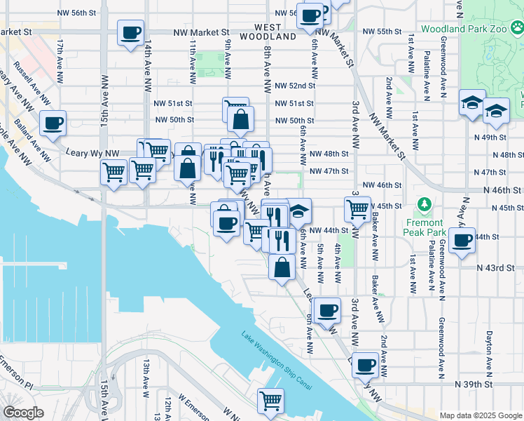map of restaurants, bars, coffee shops, grocery stores, and more near in Seattle