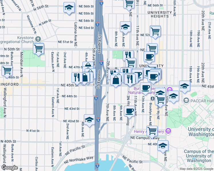 map of restaurants, bars, coffee shops, grocery stores, and more near NE 45th St & 7th Ave NE in Seattle