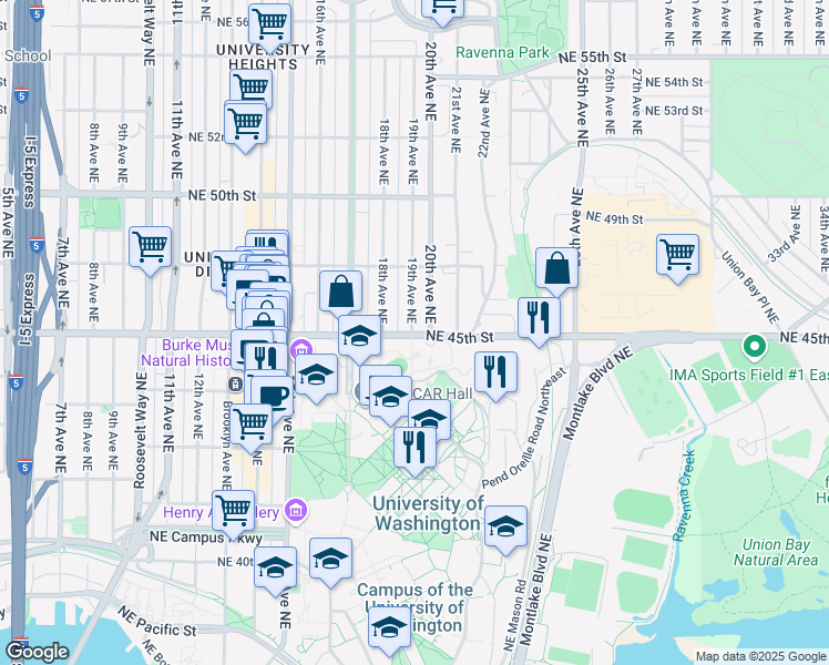 map of restaurants, bars, coffee shops, grocery stores, and more near 1900 Northeast 45th Street in Seattle