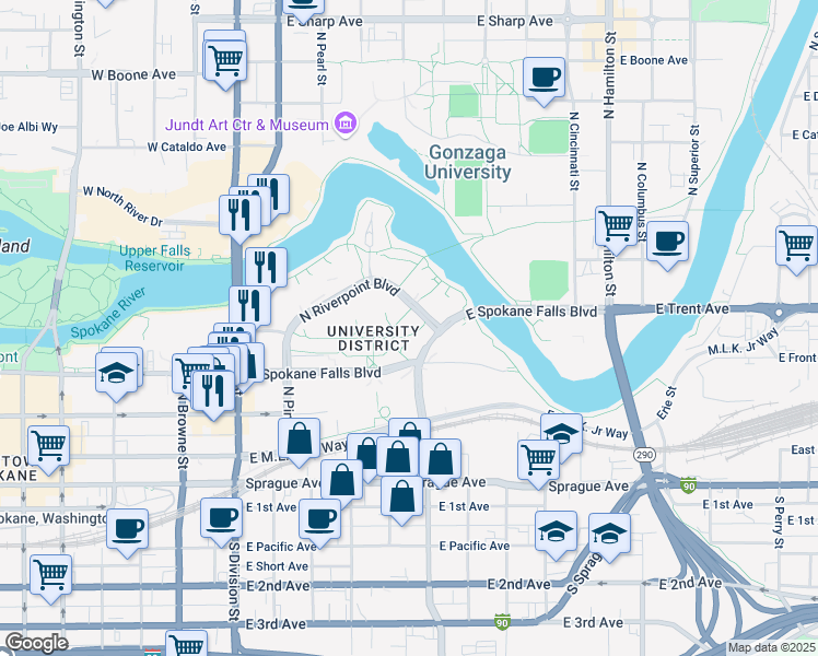 map of restaurants, bars, coffee shops, grocery stores, and more near 668 North Riverpoint Boulevard in Spokane