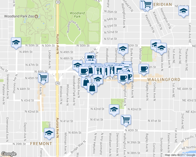 map of restaurants, bars, coffee shops, grocery stores, and more near N 45th St & Interlake Ave N in Seattle