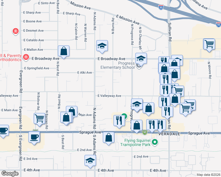 map of restaurants, bars, coffee shops, grocery stores, and more near 14807 East Valleyway Avenue in Spokane Valley