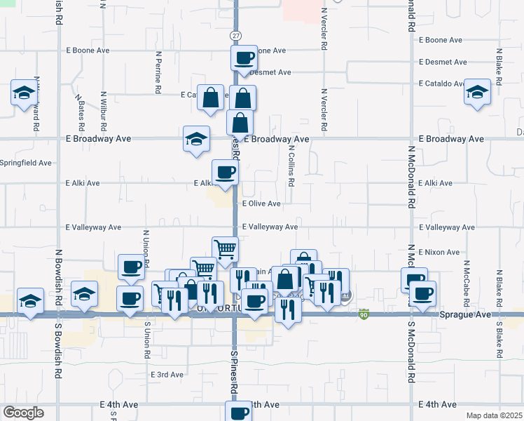 map of restaurants, bars, coffee shops, grocery stores, and more near 12325 East Valleyway Avenue in Spokane Valley