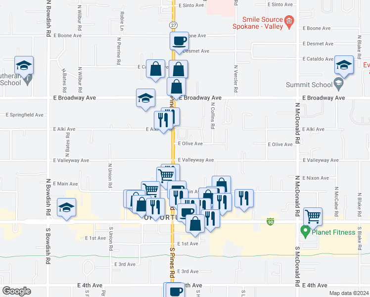 map of restaurants, bars, coffee shops, grocery stores, and more near 12325 East Valleyway Avenue in Spokane Valley