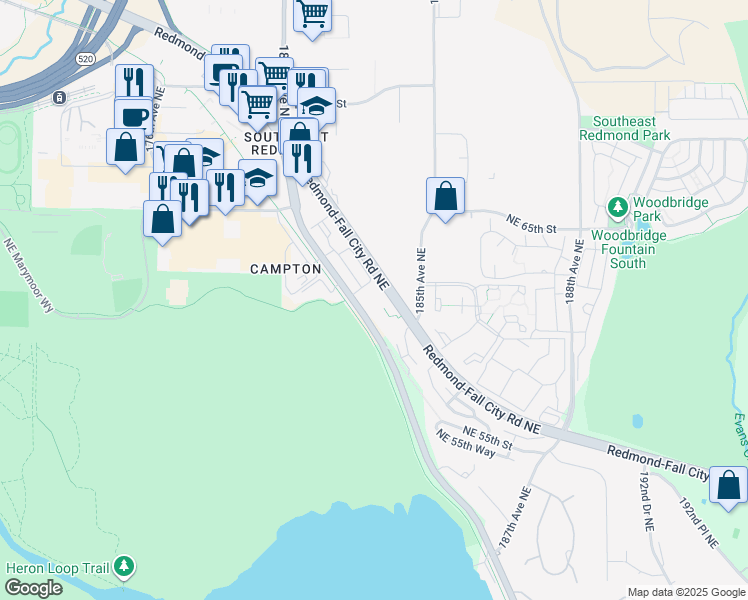 map of restaurants, bars, coffee shops, grocery stores, and more near 6032 East Lake Sammamish Parkway Northeast in Redmond