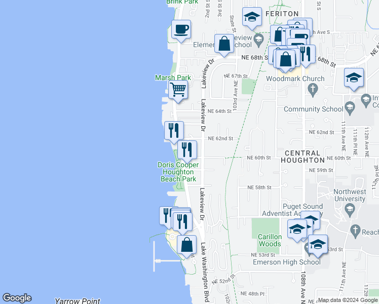 map of restaurants, bars, coffee shops, grocery stores, and more near 5918 Lake Washington Boulevard Northeast in Kirkland