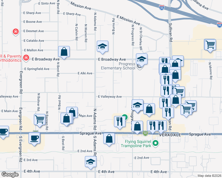 map of restaurants, bars, coffee shops, grocery stores, and more near 14807 East Valleyway Avenue in Spokane Valley