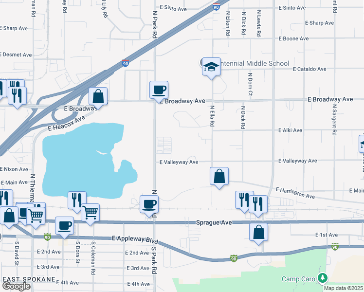 map of restaurants, bars, coffee shops, grocery stores, and more near 7623 East Valleyway Avenue in Spokane Valley