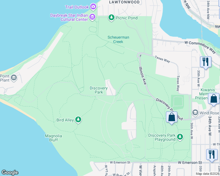 map of restaurants, bars, coffee shops, grocery stores, and more near Montana Circle in Seattle