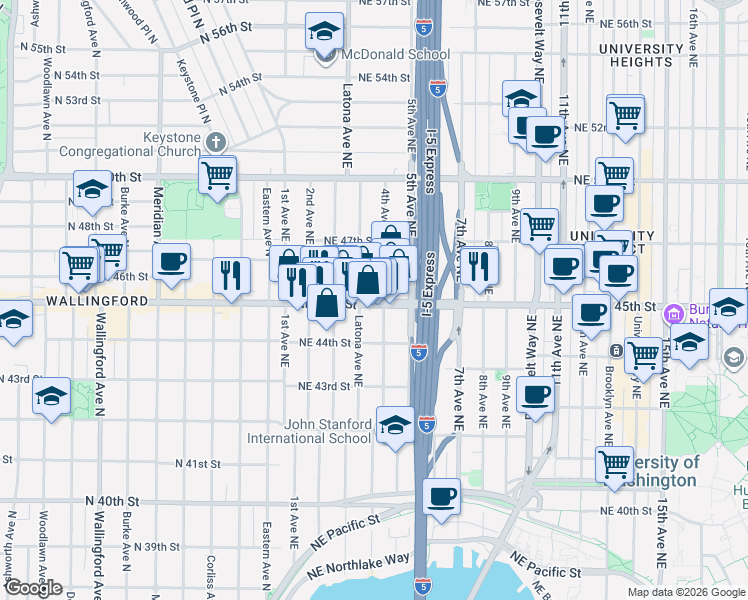 map of restaurants, bars, coffee shops, grocery stores, and more near 310 Northeast 45th Street in Seattle