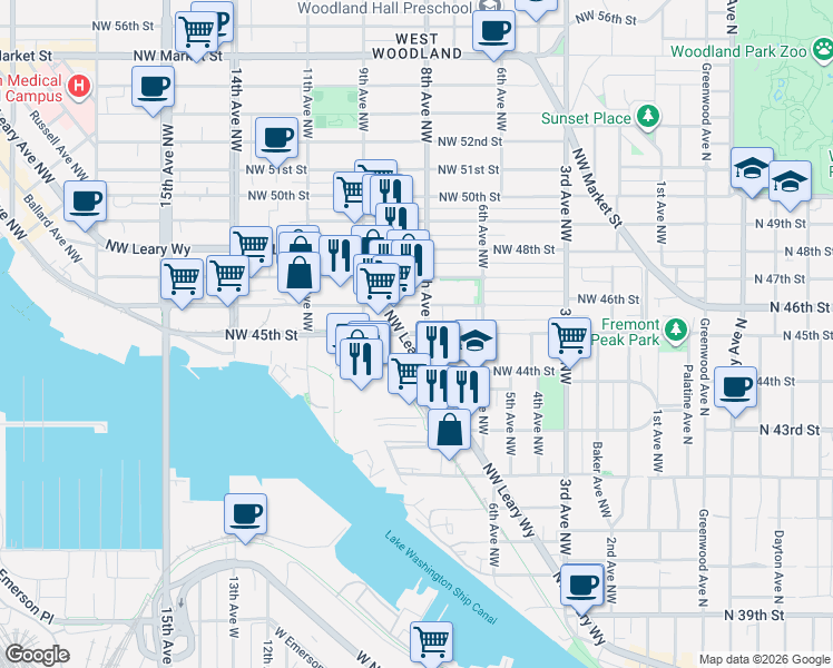 map of restaurants, bars, coffee shops, grocery stores, and more near Northwest 45th Street in Seattle