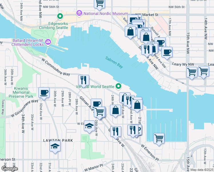 map of restaurants, bars, coffee shops, grocery stores, and more near 2426 West Commodore Way in Seattle
