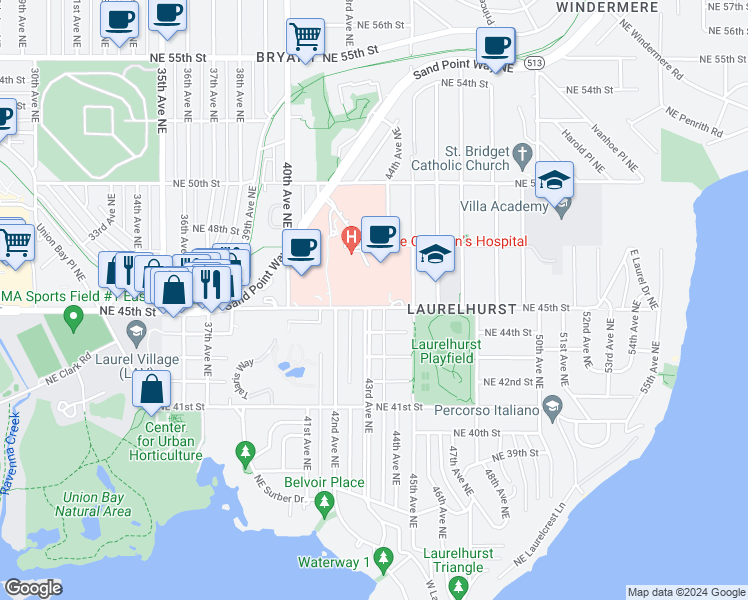 map of restaurants, bars, coffee shops, grocery stores, and more near 4411 43rd Avenue Northeast in Seattle