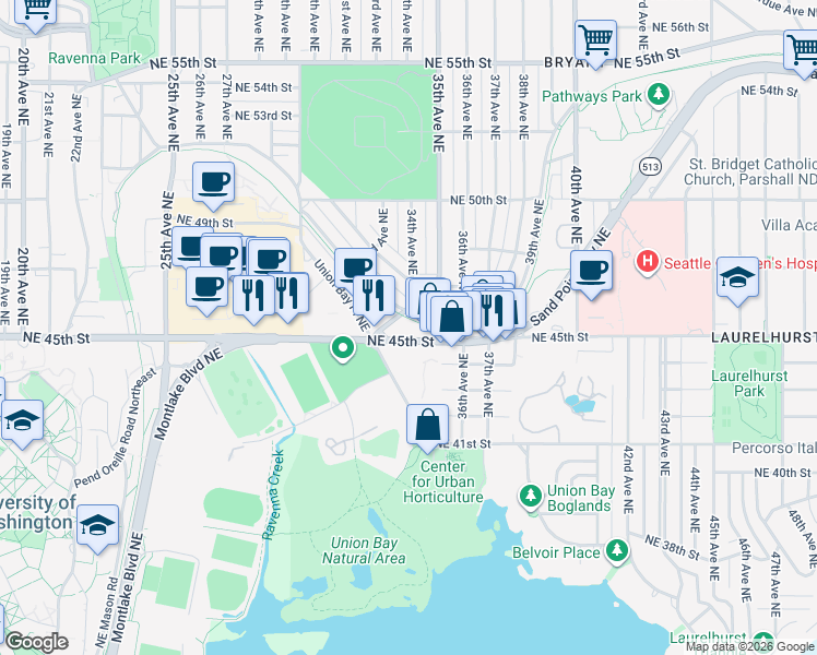 map of restaurants, bars, coffee shops, grocery stores, and more near in Seattle
