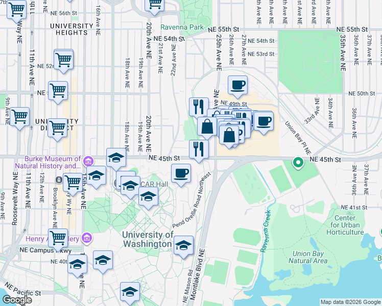 map of restaurants, bars, coffee shops, grocery stores, and more near Burke-Gilman Trail in Seattle