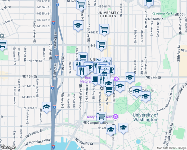 map of restaurants, bars, coffee shops, grocery stores, and more near 1121 Northeast 45th Street in Seattle