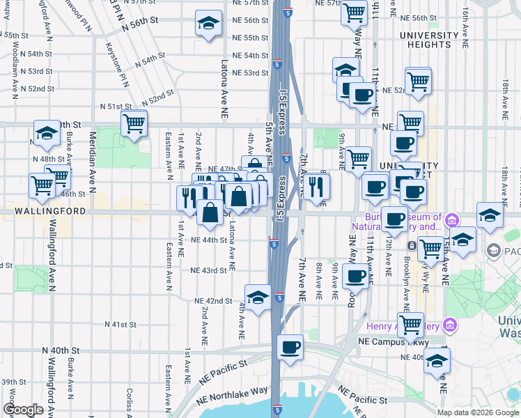 map of restaurants, bars, coffee shops, grocery stores, and more near 4426 4th Avenue Northeast in Seattle