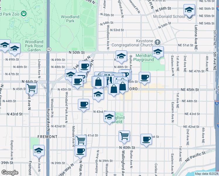 map of restaurants, bars, coffee shops, grocery stores, and more near 4422 Woodlawn Avenue North in Seattle