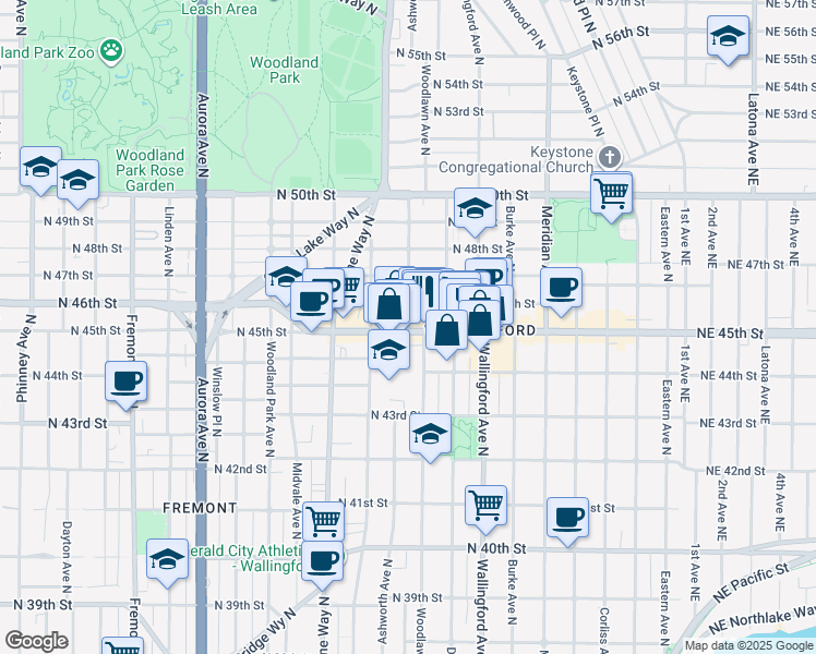 map of restaurants, bars, coffee shops, grocery stores, and more near 4422 Woodlawn Avenue North in Seattle