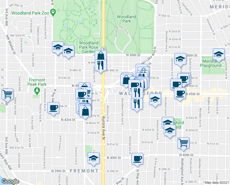 map of restaurants, bars, coffee shops, grocery stores, and more near 4463 Whitman Avenue North in Seattle