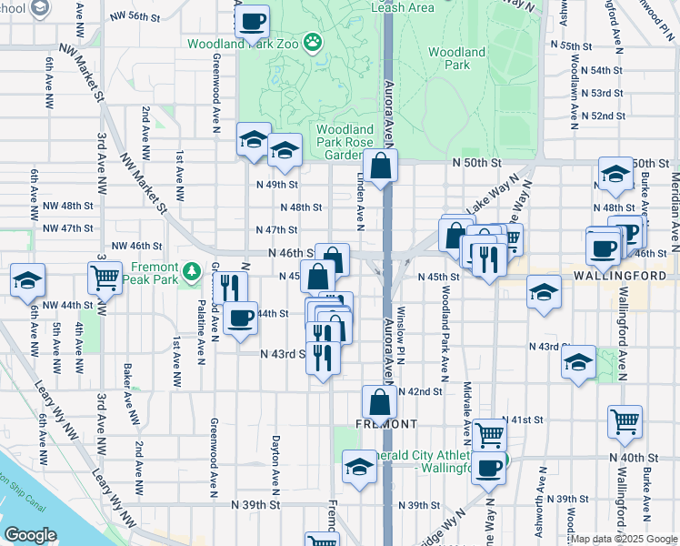map of restaurants, bars, coffee shops, grocery stores, and more near 4453 Linden Avenue North in Seattle