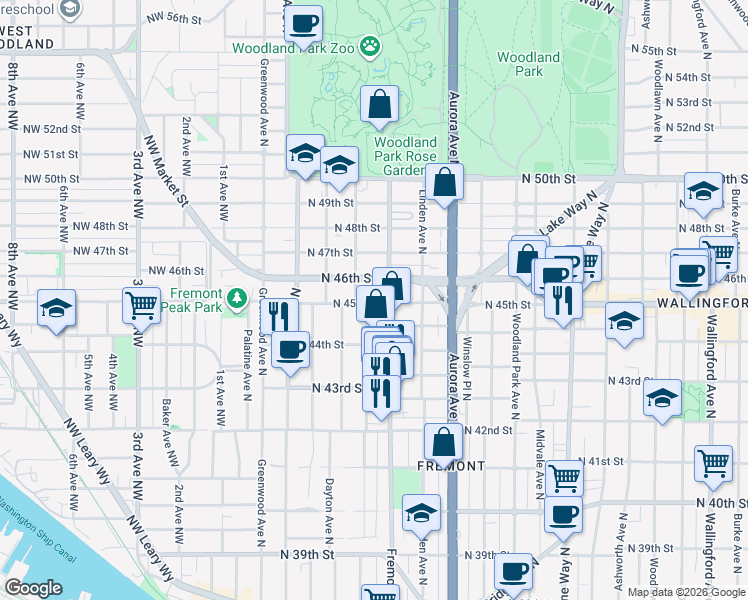 map of restaurants, bars, coffee shops, grocery stores, and more near 4425 Fremont Avenue North in Seattle