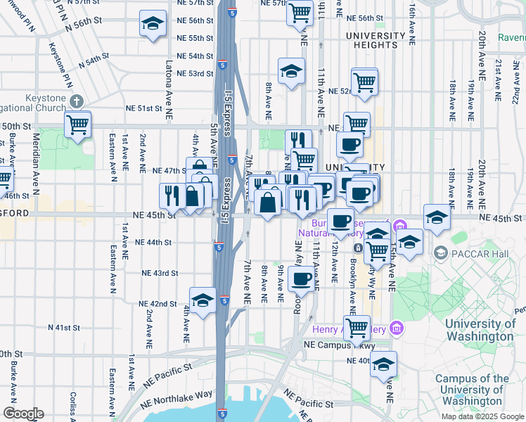 map of restaurants, bars, coffee shops, grocery stores, and more near 714 Northeast 45th Street in Seattle