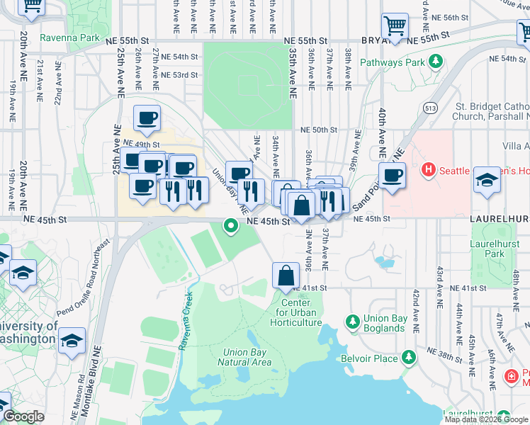 map of restaurants, bars, coffee shops, grocery stores, and more near 3200 Northeast 45th Street in Seattle