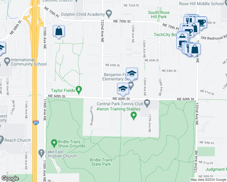map of restaurants, bars, coffee shops, grocery stores, and more near 12230 Northeast 61st Street in Kirkland