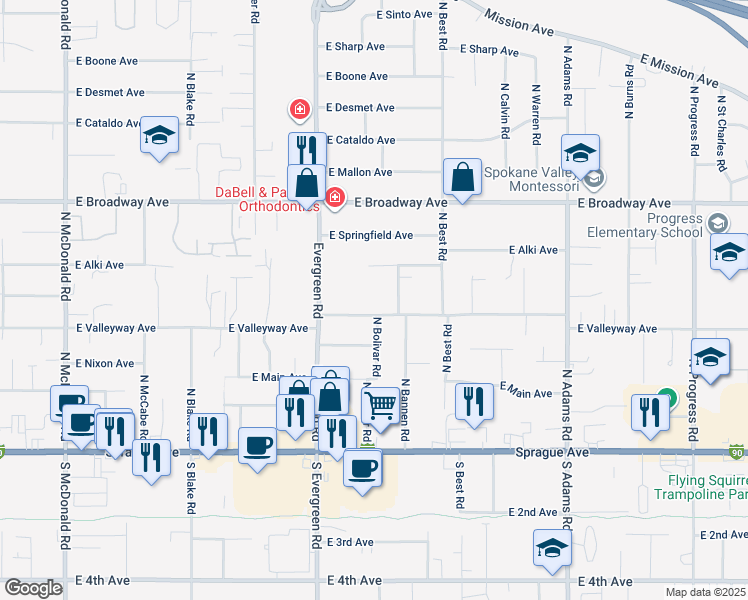 map of restaurants, bars, coffee shops, grocery stores, and more near 14023 East Valleyway Avenue in Spokane Valley