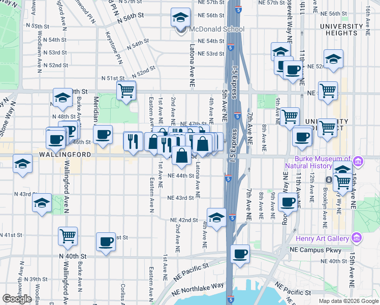 map of restaurants, bars, coffee shops, grocery stores, and more near 4427 Thackeray Place Northeast in Seattle