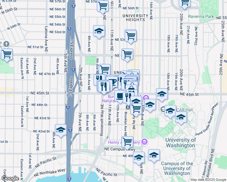 map of restaurants, bars, coffee shops, grocery stores, and more near 1121 Northeast 45th Street in Seattle